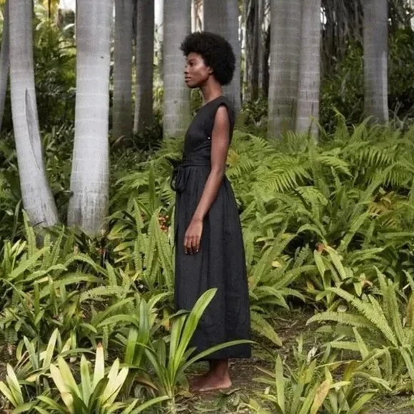 Doen Pacifica linen Wrap Sleeveless Black Midi dress - Picture 4 of 10